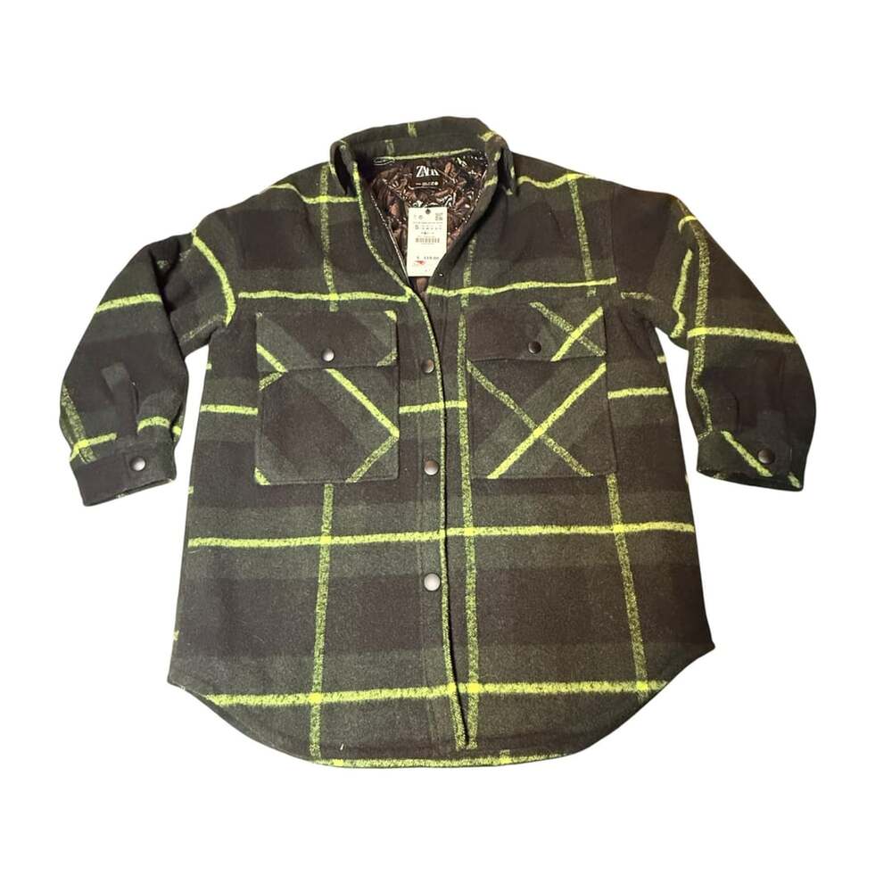 New Zara Plaid Shacket Size S Green Lime Quilted Lining